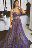Purple Lace Prom Dresses Spaghettis Straps Nude Lining Long Sexy Evening Gowns RJS211