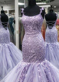 Purple Spaghetti Straps Tulle Scoop Prom Dresses Mermaid With Applique Rjerdress
