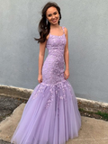 Purple Spaghetti Straps Tulle Scoop Prom Dresses Mermaid With Applique