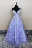 Purple Spaghetti Straps V Neck Prom Dresses A Line Tulle With Applique