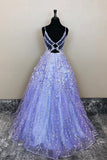 Purple Spaghetti Straps V Neck Prom Dresses A Line Tulle With Applique Rjerdress