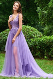 Purple V Neck A Line Tulle Prom Dresses With Applique Sweep Train