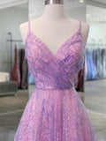 Purple V-Neck Backless  Prom Dresses A Line Tulle With Straps Rjerdress