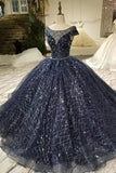 Quinceanera Dress Ball Gown Bateau Cap Sleeves Dark Navy Lace Corset Back