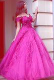 Quinceanera Fuchsia Tulle Off-the-Shoulder Ball Gown Sweetheart Lace Appliques Prom Dresses RJS262 Rjerdress