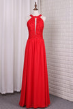 Red A Line Chiffon Scoop Floor Length Party Dresses With Applique And Beads Rjerdress