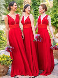 Red A Line Chiffon V Neck Backless Floor Length Bridesmaid Dress With Lace