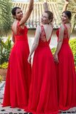 Red A Line Chiffon V Neck Backless Floor Length Bridesmaid Dress With Lace Rjerdress