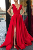 Red A Line Deep V Neck Split Prom Dresses with Pockets Strap High Slit Evening Dress RJS481