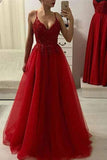 Red A Line Spaghetti Straps Beads Tulle Evening Dresses V Neck Long Prom Dress RJS587