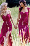 Red Cheap Chiffon Floor Length Side Split Long Sweetheart Sleeveless Bridesmaid Dress RJS351 Rjerdress