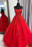 Red Lace Appliques Spaghetti Straps Prom Dresses, A Line Long Formal Evening Dresses Rjerdress