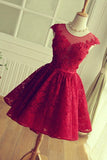 Red Lace Short Modest Appliques Sleeveless Open Back Pretty Homecoming Dresses Rjerdress