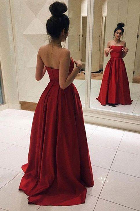 Simple Red Satin Long Prom Dresses with Slit FD2639 – Viniodress