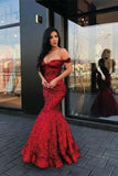 Red Mermaid Long V Neck Prom Dresses Off the Shoulder Evening Dresses RJS472 Rjerdress