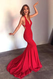 Red Mermaid Open Back Prom Dresses V Neck Satin Sweep Train Evening Dresses