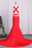 Red Mermaid Open Back Prom Dresses V Neck Satin Sweep Train Evening Dresses Rjerdress
