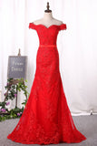 Red Mermaid Party Dresses Off The Shoulder Tulle With Applique Covered Button Rjerdress