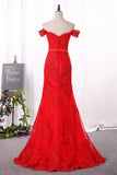 Red Mermaid Party Dresses Off The Shoulder Tulle With Applique Covered Button Rjerdress