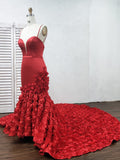 Red Mermaid Prom Dresses Spaghetti Straps V Neck Trumpet Rose Lace Evening Dresses P1044 Rjerdress