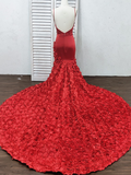 Red Mermaid Prom Dresses Spaghetti Straps V Neck Trumpet Rose Lace Evening Dresses P1044 Rjerdress