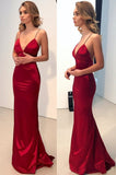 Red Mermaid Spaghetti Straps Deep V Neck Prom Dresses Backless Dance Dresses RJS811