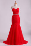 Red Mermaid Sweetheart Floor Length Party Dresses With Ruffles And Beading Tulle Rjerdress