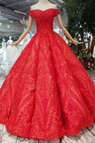 Red Off The Shoulder Lace Appliques Beads with Lace up Prom Dress Quinceanera Dresses RJS788