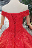 Red Off The Shoulder Lace Appliques Beads with Lace up Prom Dress Quinceanera Dresses RJS788 Rjerdress