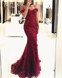 Red Off the Shoulder Long Lace Appliques Mermaid Beads Prom Dresses Evening Dresses RJS335 Rjerdress