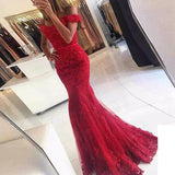 Red Off the Shoulder Long Lace Appliques Mermaid Beads Prom Dresses Evening Dresses RJS335