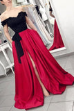 Red Off the Shoulder Satin Black Appliques V Neck Prom Dresses with Split Pockets rjs646