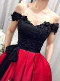Red Off the Shoulder Satin Black Appliques V Neck Prom Dresses with Split Pockets rjs646 Rjerdress
