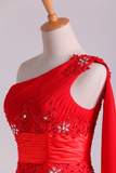 Red One Shoulder A Line Party Dresses With Applique & Ruffles Floor Length Rjerdress