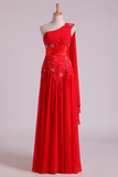 Red One Shoulder A Line Party Dresses With Applique & Ruffles Floor Length Rjerdress