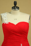 Red One Shoulder Pleated Bodice Sheath Party Dress Chiffon With Applique Rjerdress