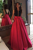 Red Open Back Beads Bowknot with Pockets Round Neck Sleeveless Prom Dresses UK RJS511