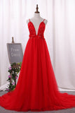 Red Party Dresses Spaghetti Straps Tulle With Applique And Handmade Flower Rjerdress