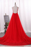 Red Party Dresses Spaghetti Straps Tulle With Applique And Handmade Flower Rjerdress