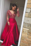 Red Prom Dress Satin V Neck With Pearled Bodice And Long Train Rjerdress