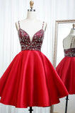 Red Satin Homecoming Dresses Straps A-Line Zipper Up Beaded