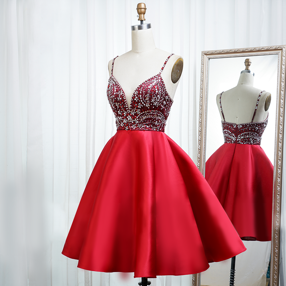 Red Satin Homecoming Dresses Straps A-Line Zipper Up Beaded Rjerdress