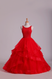 Red Scoop Ball Gown Tulle Floor Length With Beading Rjerdress