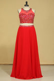 Red Scoop Two Pieces A Line Party Dresses Beaded Bodice Open Back Chiffon & Tulle