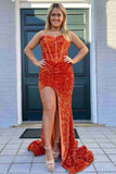 Red Sequins Sweetheart Floor-Length Mermaid Prom Dresses With Slit Rjerdress