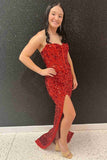 Red Sequins Sweetheart Floor-Length Mermaid Prom Dresses With Slit