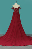 Red Slit Off The Shoulder Prom Dresses A Line Chiffon With Applique And Beads Rjerdress