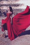 Red Slit Off The Shoulder Prom Dresses A Line Chiffon With Applique And Beads Rjerdress