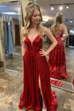 Red Spaghetti Straps V Neck Sequin Long Prom Dress Evening Dress