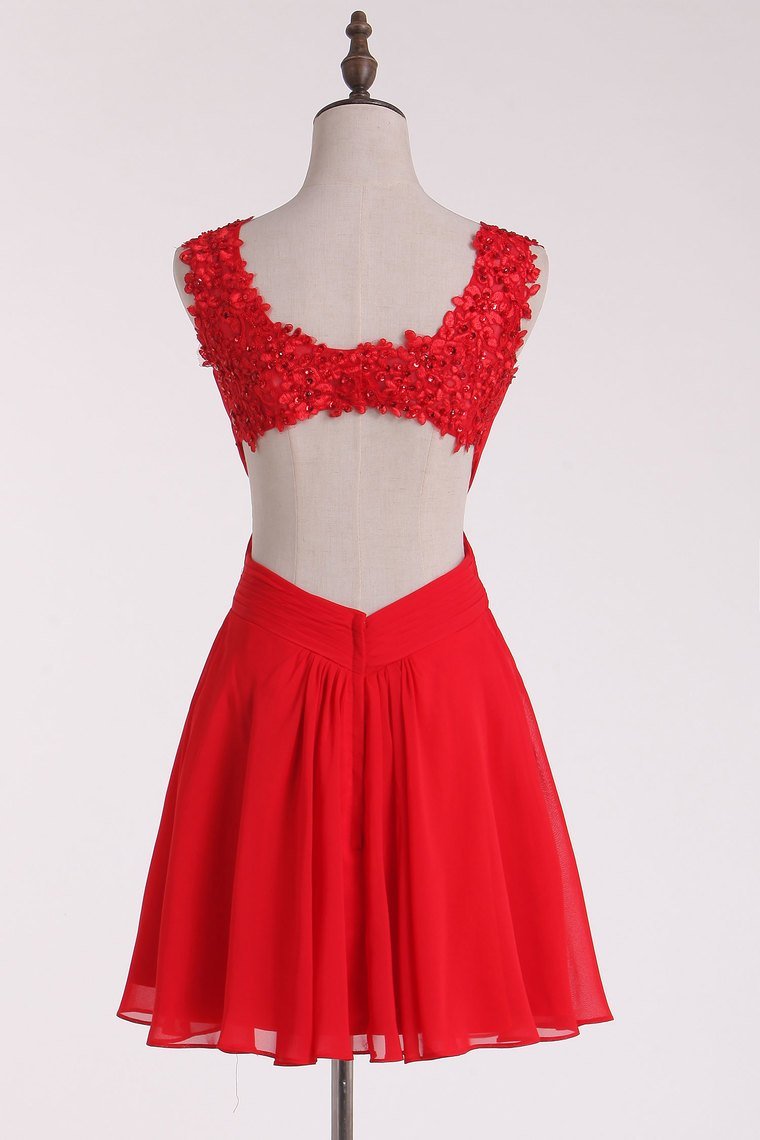 Red Straps Hoco Dresses A-Line Chiffon With Applique & Ruffles Rjerdress